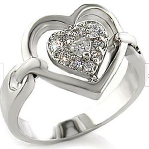 Silver Heart Cocktail Ring Size 9 Rhodium CZ